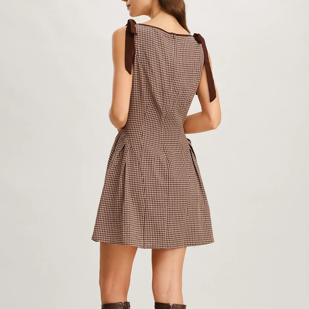 Kariertes A‑Linien‑Minikleid mit Boot‑Ausschnitt und gebundenen Trägern