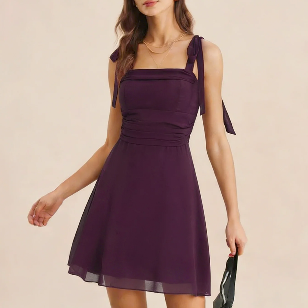 Lila Chiffon‑Slip‑Minikleid mit quadratischem Ausschnitt und gebundenen Trägern