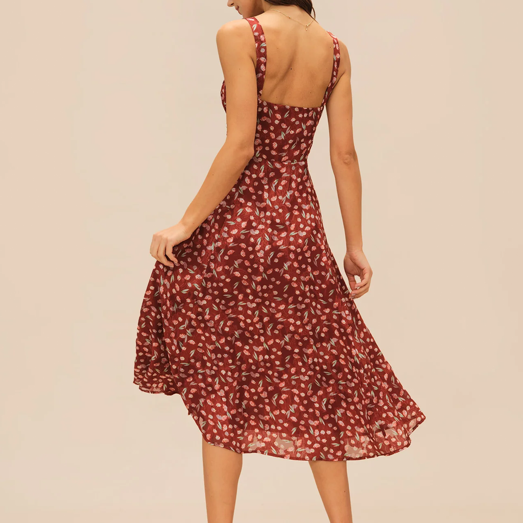 Weinrotes florales Slip‑Midi‑Kleid mit Trägern und A‑Linien‑Schnitt