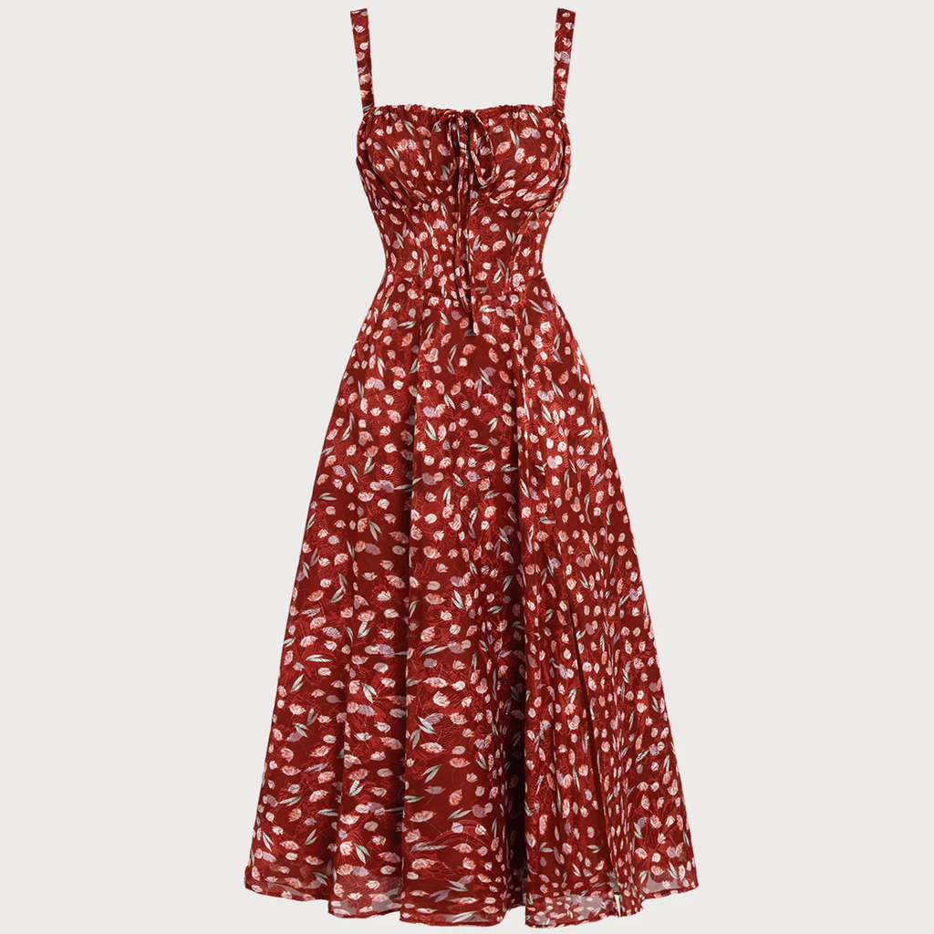 Weinrotes florales Slip‑Midi‑Kleid mit Trägern und A‑Linien‑Schnitt