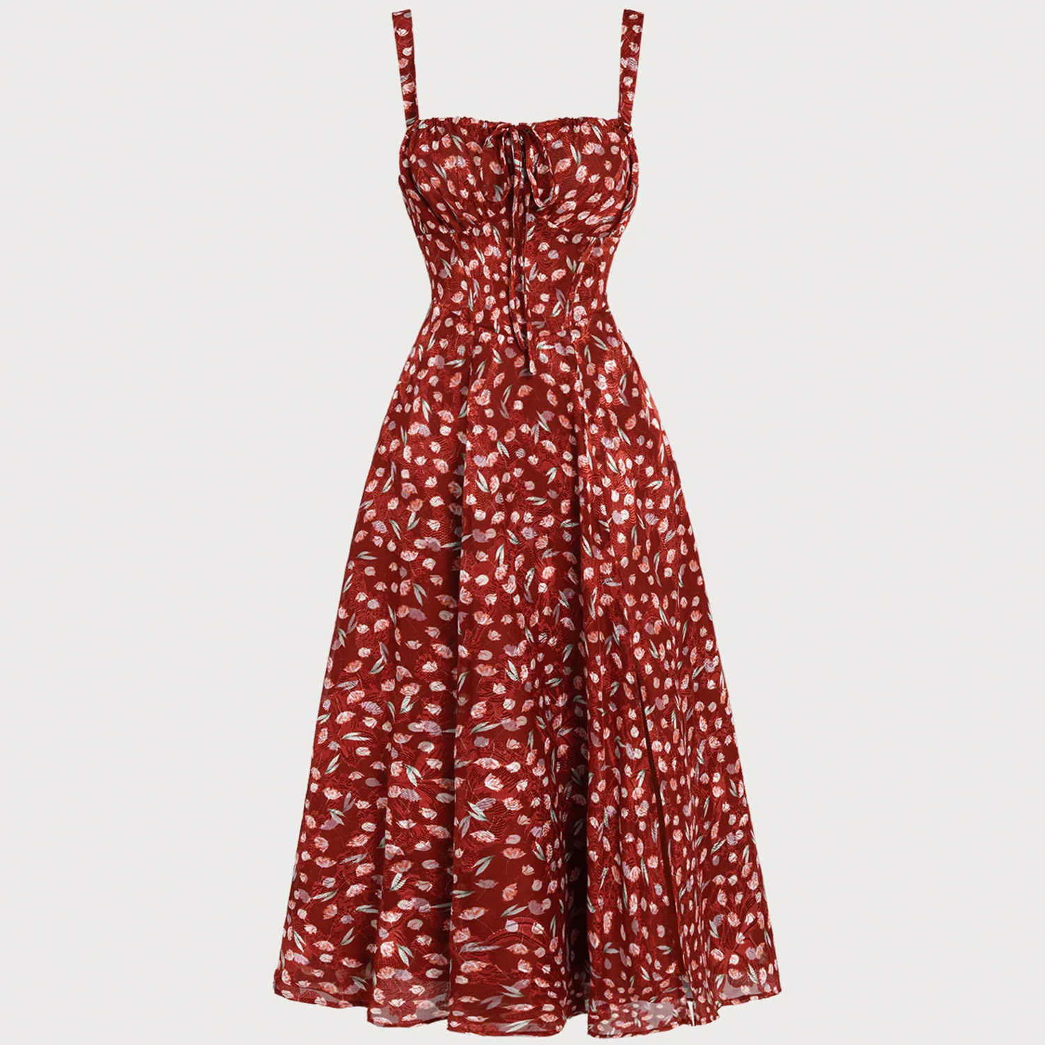 Weinrotes florales Slip‑Midi‑Kleid mit Trägern und A‑Linien‑Schnitt