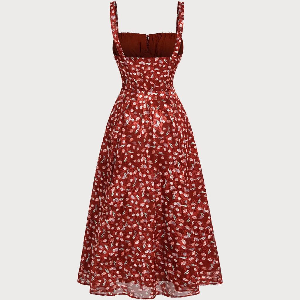 Weinrotes florales Slip‑Midi‑Kleid mit Trägern und A‑Linien‑Schnitt